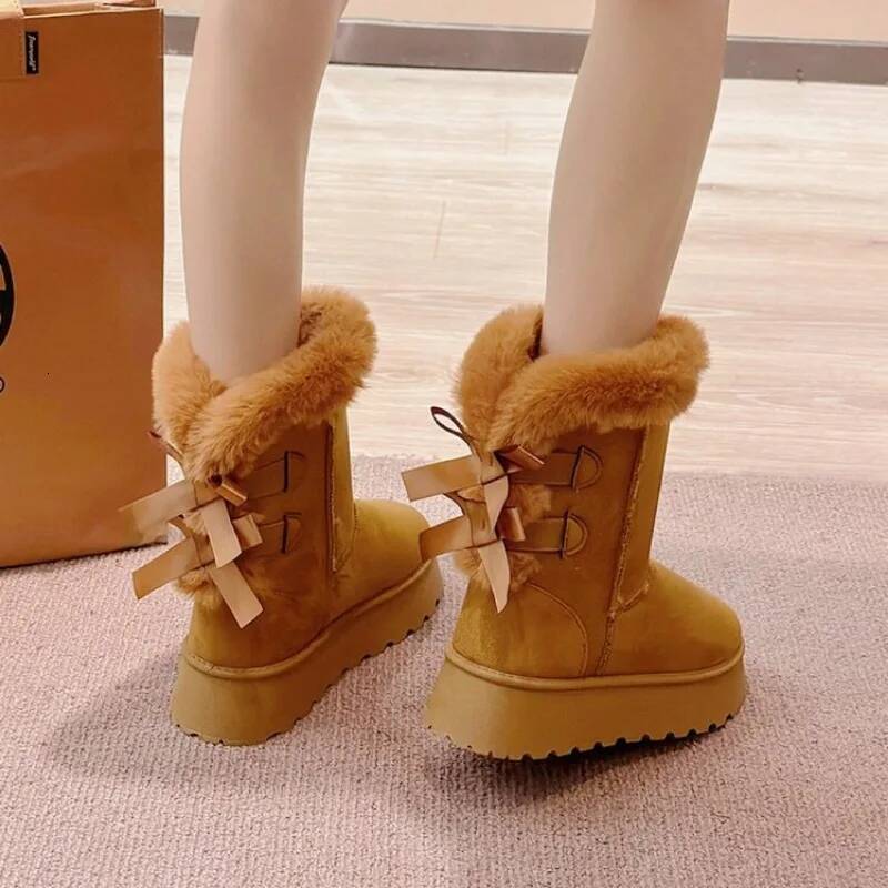 2024 winter new bow hair mouth plus pile cotton casual all-match thick soled mid-tube snow boots ddmythur