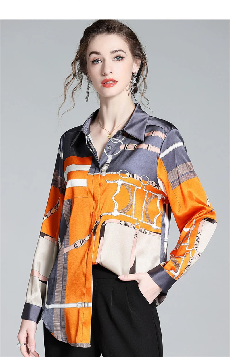 ZAROY S-3XL Silk Slim Shirts Women Orange Grey Print Fashion Blouses Lady Top Shirt camisas 250723
