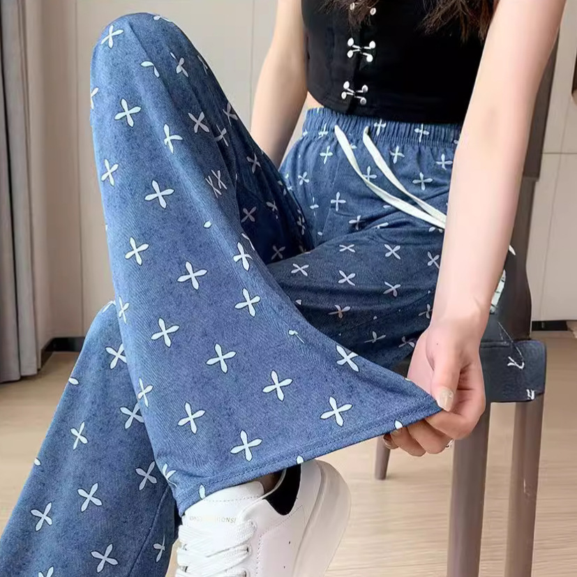 Ice Silk Jeans for Women Summer Tencel Printed Straight Casual Pants Thin Loose Draped Pants High Waist Wide Leg Pants 250723