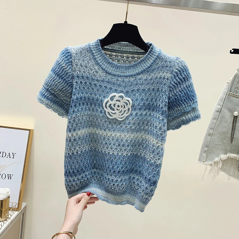 Korean Fashion Knitwear Women O-Neck Short Sleeve Casual Summer Y2K Chic Clothing Sweater Pullovers Tops Pull Femme Tees 250723
