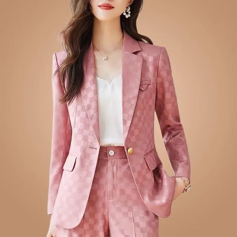 Womens Spring Autumn Fashion Plaid Professional Suit Jacket Matching Set Korean Elegant Casual Blazers Pants Two Piece 250723