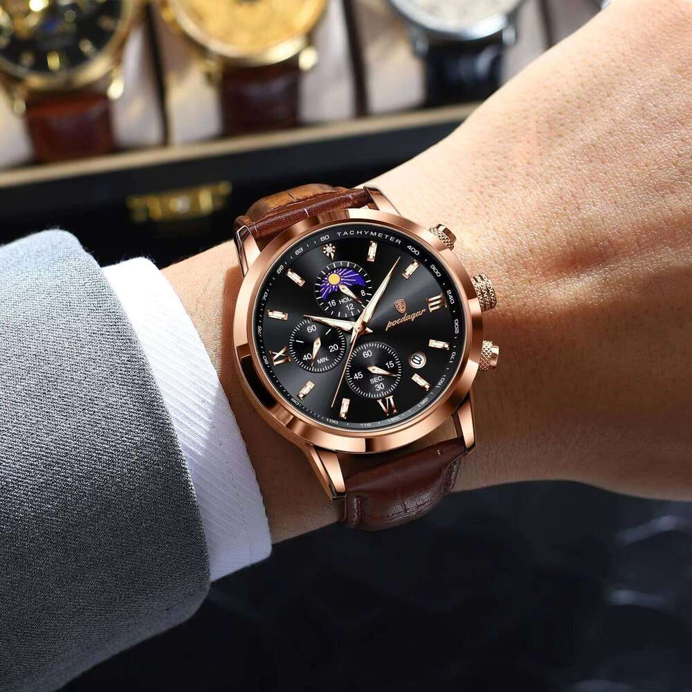 DHgargets POEDAGAR Men's Moon Phase Chronograph Watch - Multifunction, 30M Waterproof, Leather Strap, Quartz Wristwatch with Tachymeter