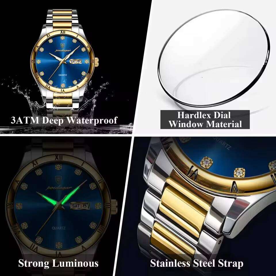 DHwatches POEDAGAR Men's Business Watch - Dual Calendar, Luminous, 30M Waterproof, Stainless Steel, Quartz Dress Watch for Professionals