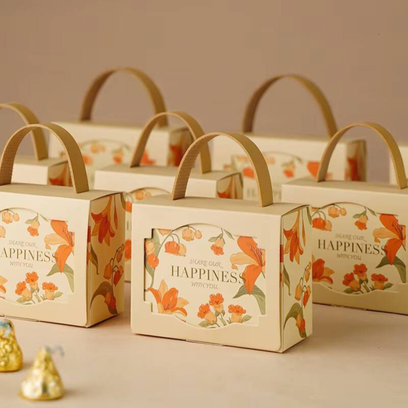 Multicolor Lily Flower Paper Gift Boxes with Leather Handles Window Design Weddings Parties Candy Packaging Foil Specifications