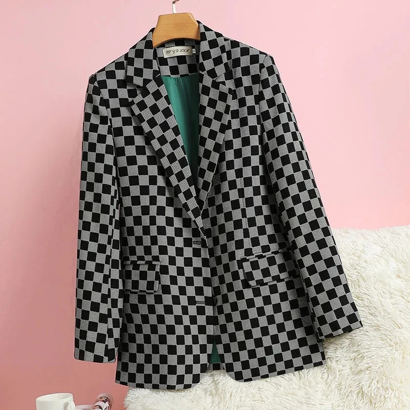 Spring Autumn Products Black Green Checkerboard Plaid Suit Jacket Womens Casual Fashion Trend Blazer 250723