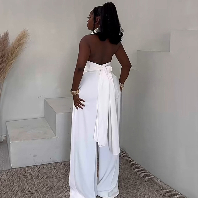 Womens Fashion 2025 Summer New Fashion Backless Bow Sleeveless Top Wide-Leg Long Pants Set