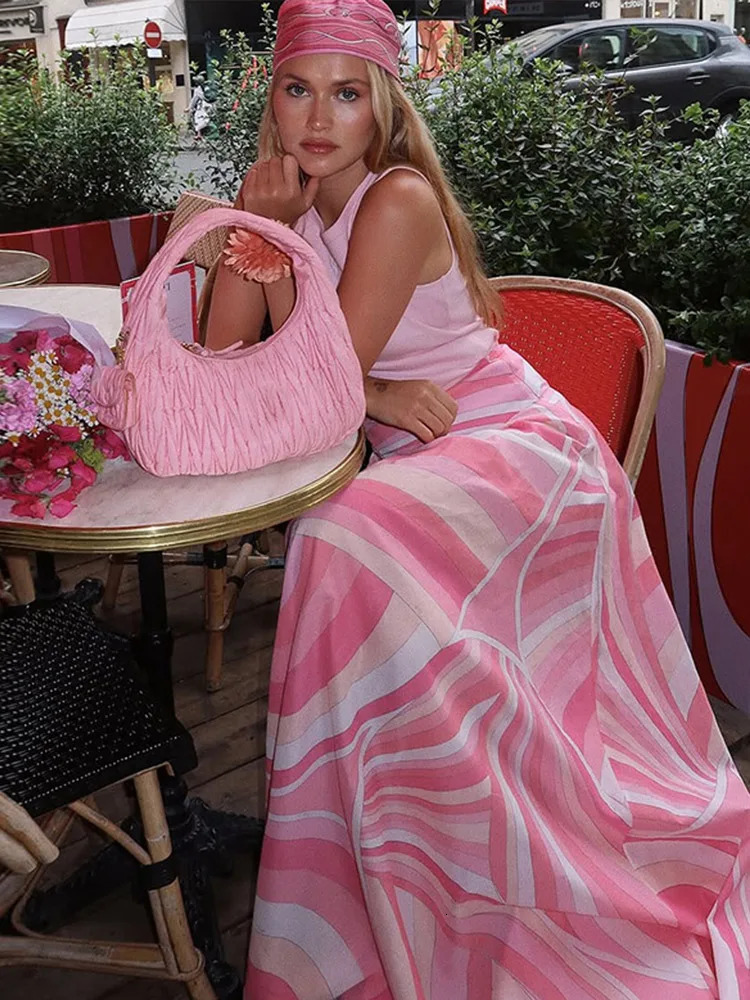 Sexy Printed Top Long Skirts 2 Piece Set Women Fashion Solid Sleeveless Backless High Waist Skirt Suit Lady Summer Chic Sets 250729