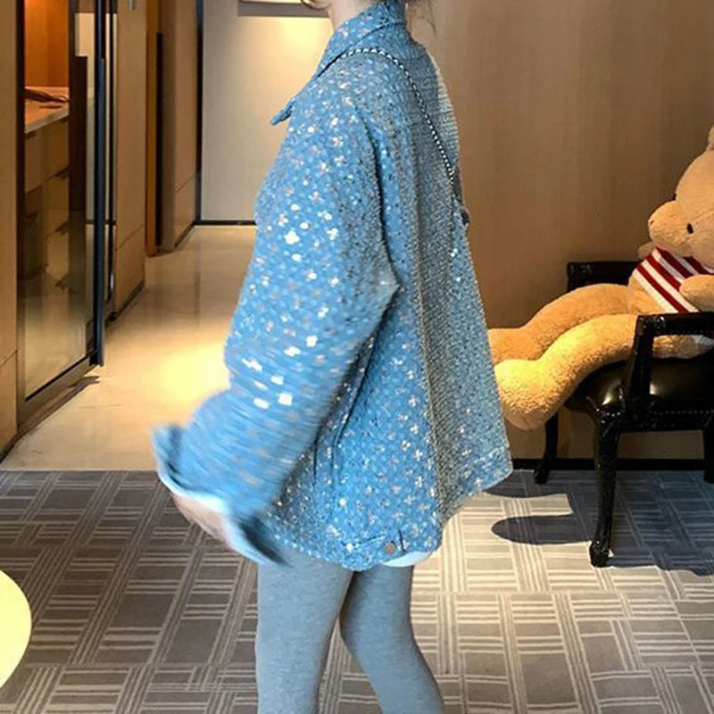 Blue sequined embroidered small fragrance jacket womens autumn and winter jeans fashion sense niche jacket250723
