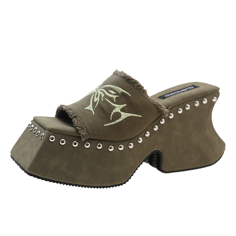 Platform Sandals for Women Denim Butterfly Design with Metal Rivets Slip On Punk Style Summer Fashion Footwear