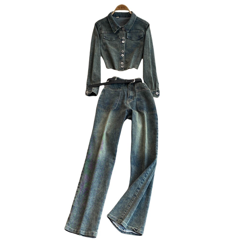 Autumn Denim 2 Piece Set Women Halter Slash Neck Off Shoulder Long Sleeve Pleated Jackets Casual Jeans Y2k Streetwear Suit 250211