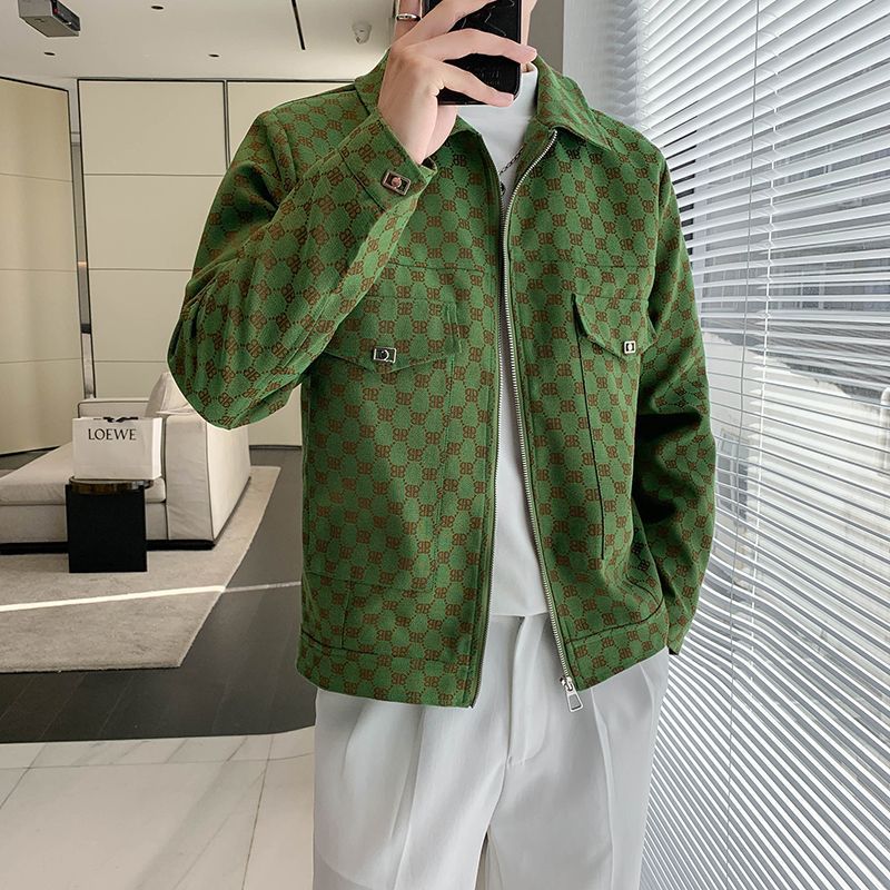 Free shipping Flip collar short item Jacquard casual jacket Male Korean version of niche high-end jacket, cool and stylish top new