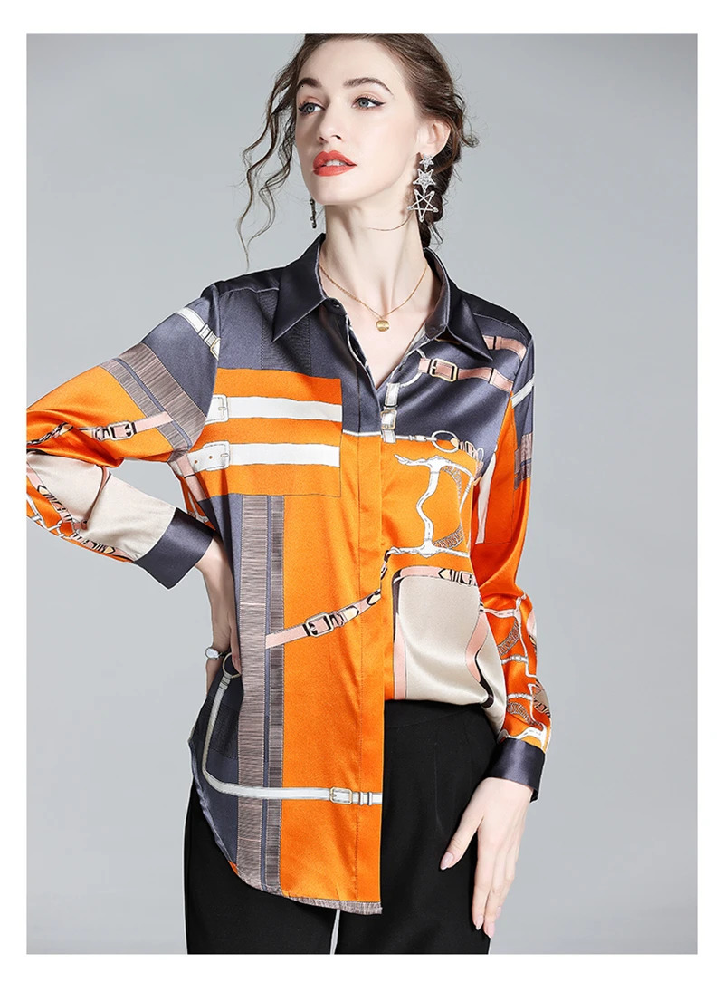 ZAROY S-3XL Silk Slim Shirts Women Orange Grey Print Fashion Blouses Lady Top Shirt camisas 250723