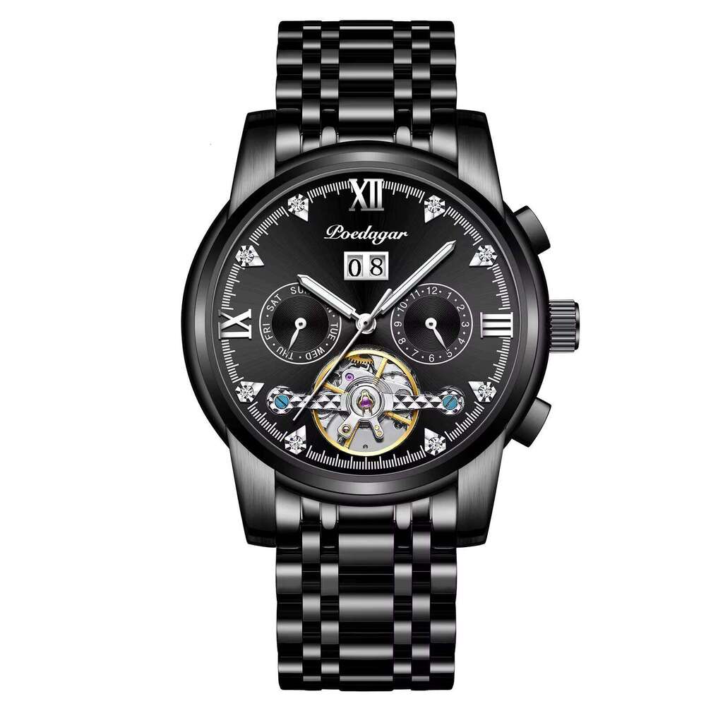 DHwatches POEDAGAR Men's Luxury Automatic Watch - Tourbillon, Day/Date/Month, 50M Waterproof, Luminous, Stainless Steel, Business Mechanical Watc