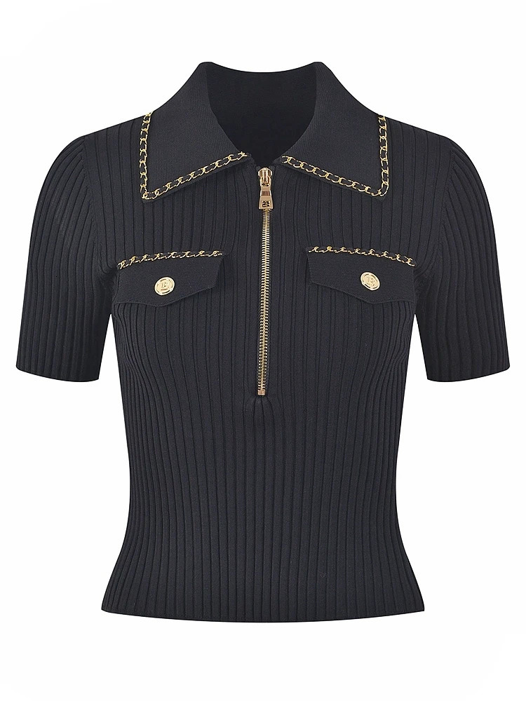 Summer Fashion Slim Knitted Tshirt Sweater Women Stylish Chain Buttons Zip-up Tees Tops Vintage Elegant Chic Ladies Knitwear 250723