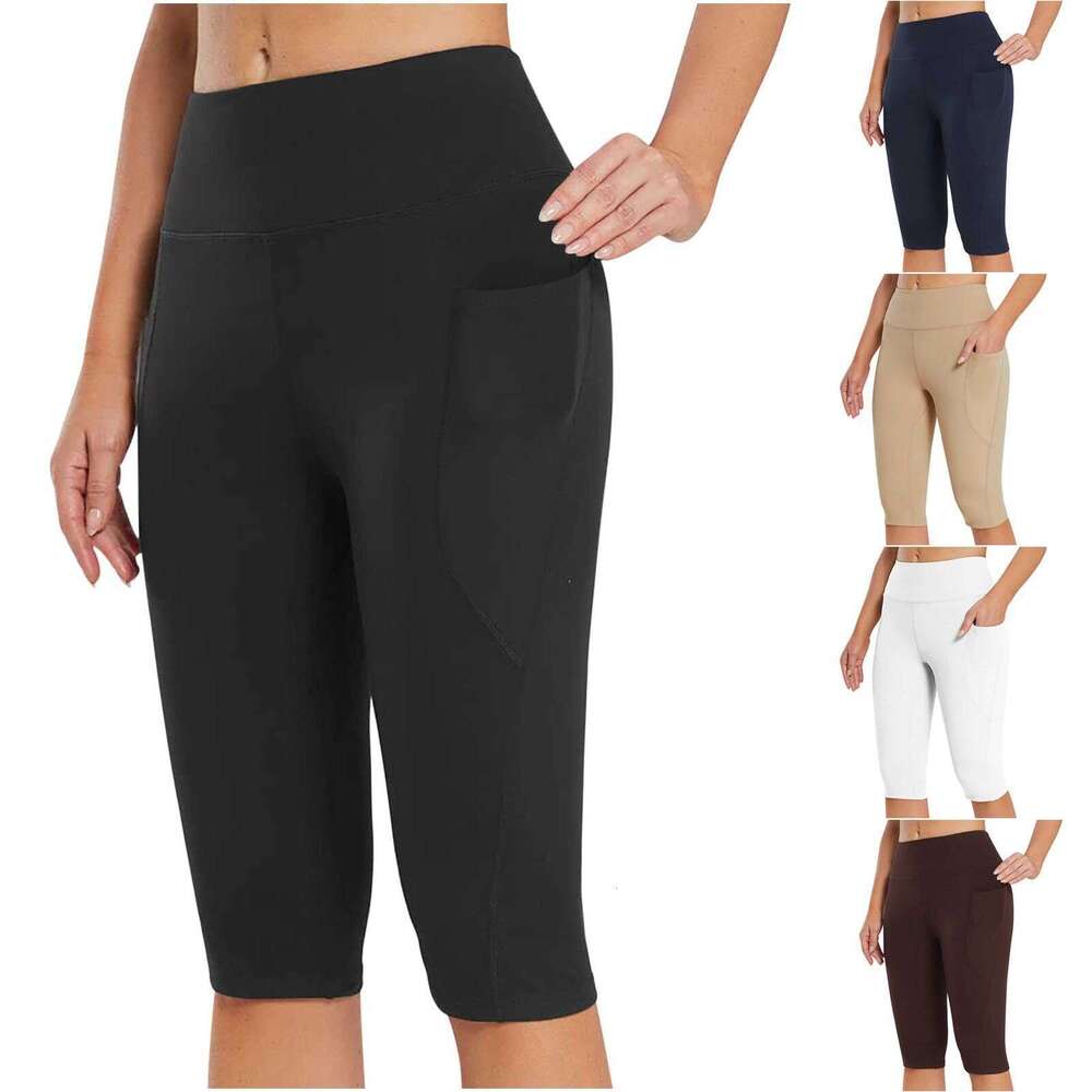 Women's Spring Summer Trendy Pocket Yoga Fitness Sports Leggings Plus Size Capri Pants B5