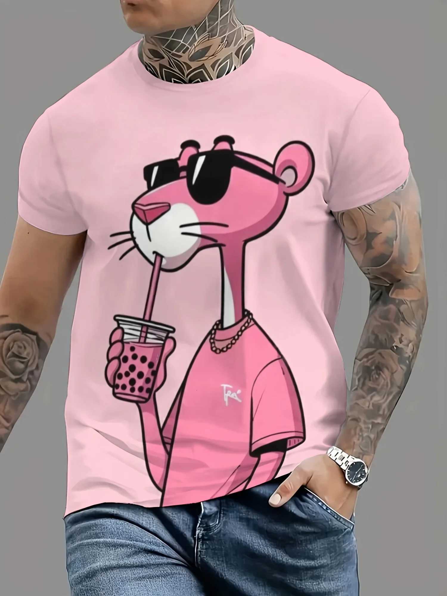 Summer New Mens T-shirts Cartoon Pink Panther Print Short Sleeve O-neck Tees Casual Loose Daily Sports Oversized Unisex Tops W250723