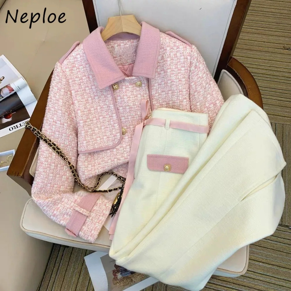 Neploe Simple Korea Y2K Small Fragrance Suit Coat Paneled High Waist Wide Leg Pants Casual Preppy England Trousers 250718
