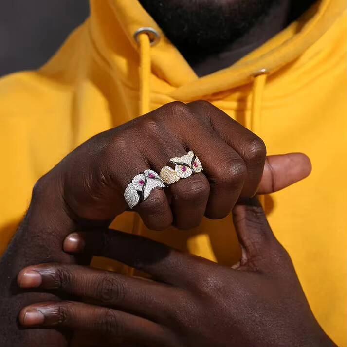 Iced Out Moissanite Jewelry Ring High Quality Hand Setting 925 Sterling Silver VVS Diamond Owl Ring for Men Moissanite