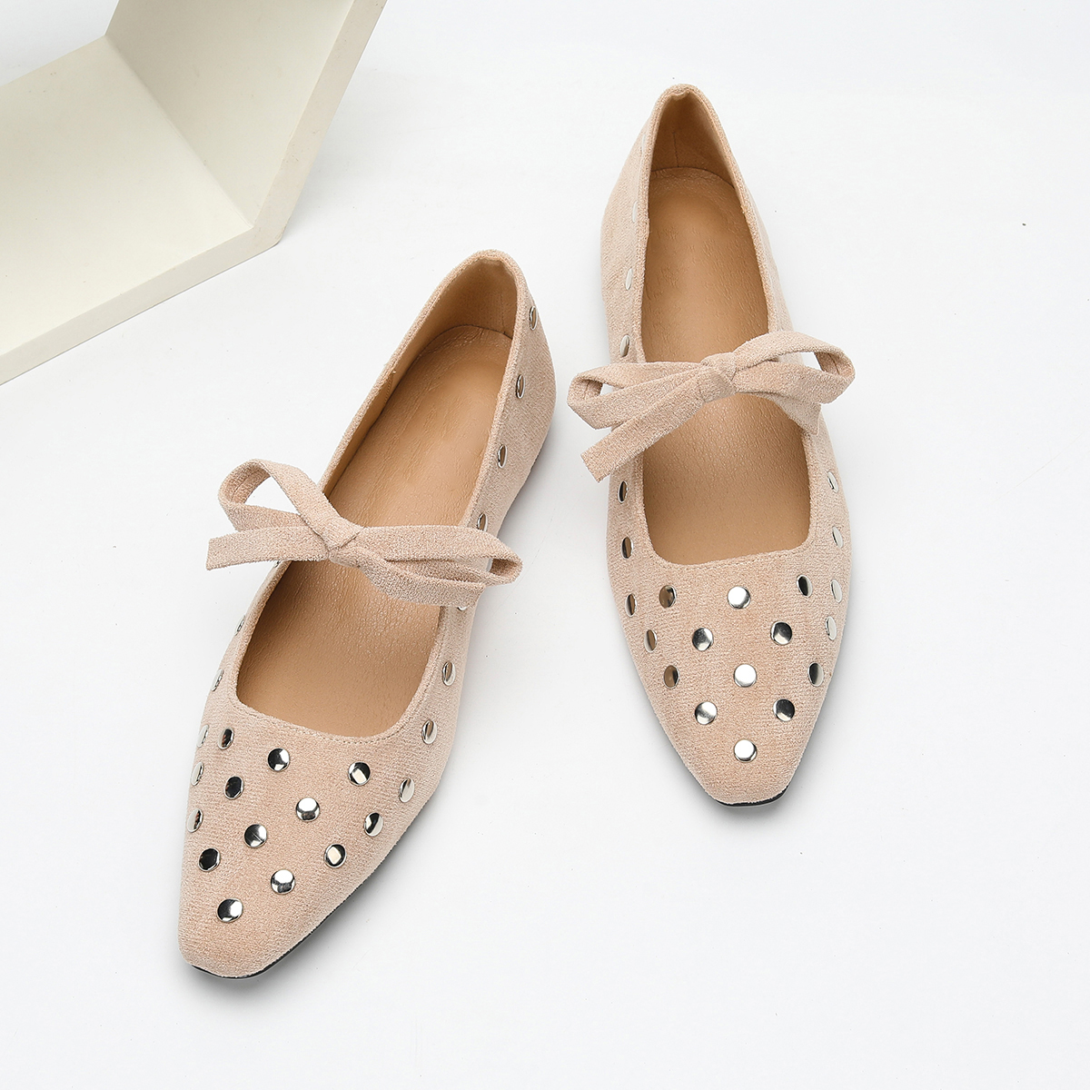 casual flat shoes Spring and autumn new style faux suede bow decorated solid color light-mouthed small square toe versatile