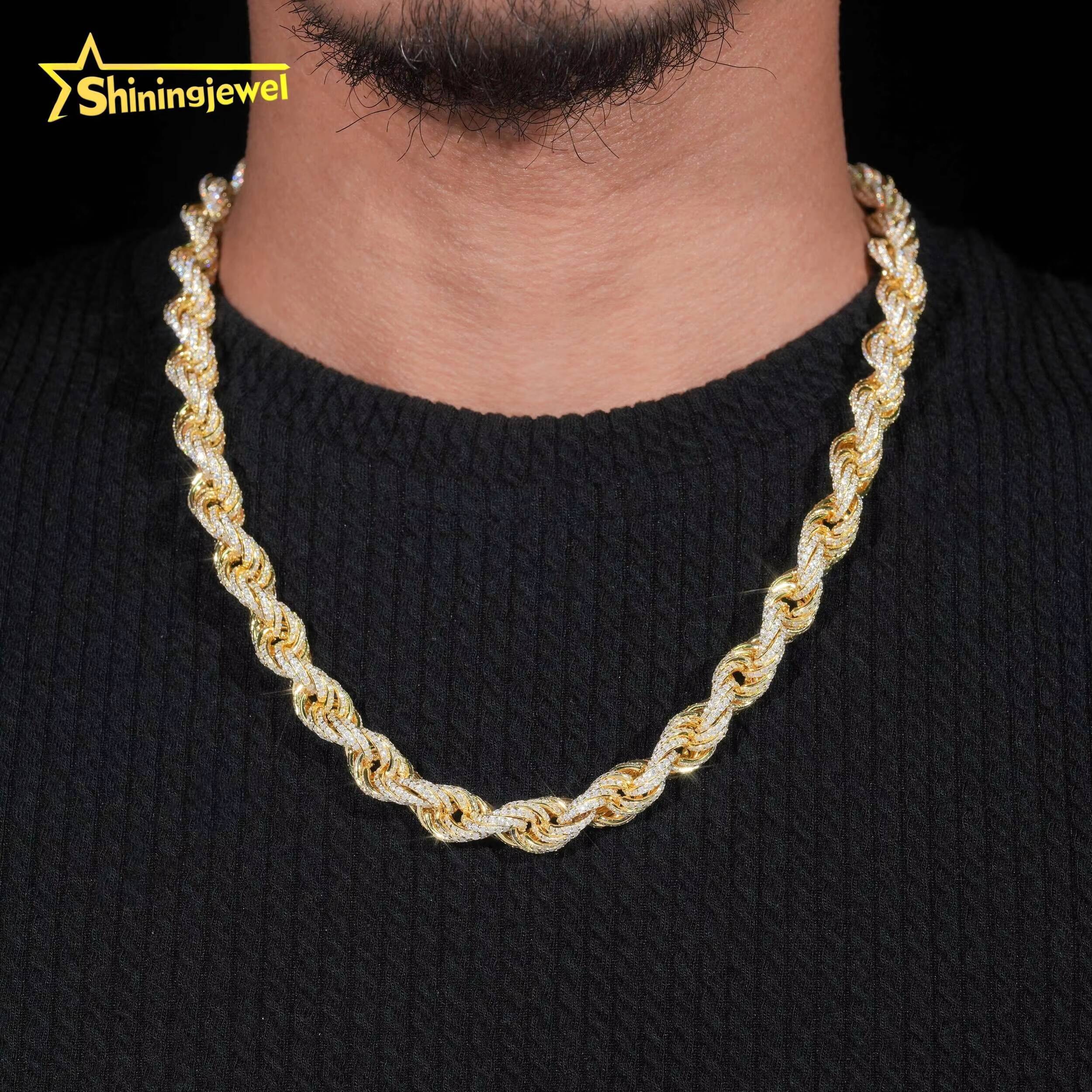 Pass Diamond Tester Hip Hop 10mm 925 Silver Gold Plated Fully Iced Out VVS Moissanite Rope Chain