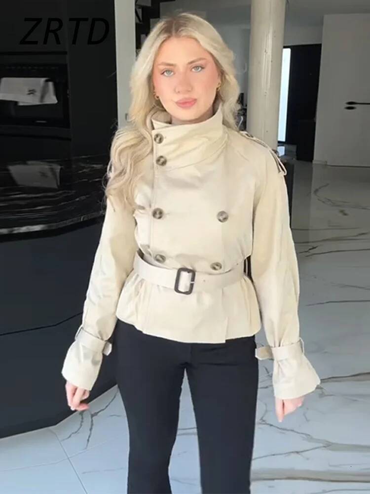 Fashion Women's Short Belt Jackets Turtleneck Double Breasted Full Sleeve Female Trench Coats 2025 Spring Lady Commute Outwear