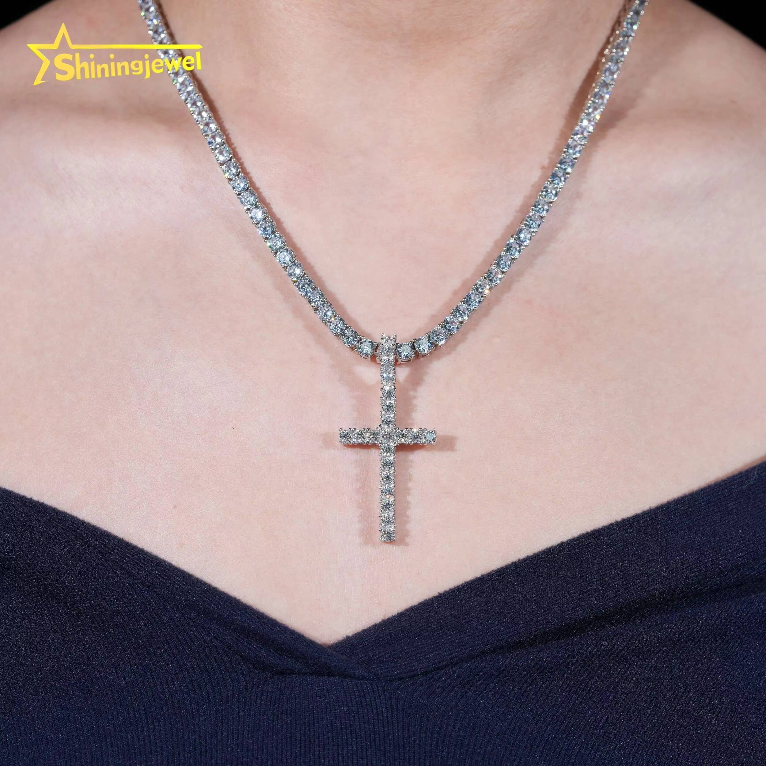 RTS Fine Hip Hop Jewelry Iced Out 3MM Round Cut Moissanite Pendant 925 Silver VVS Moissanite Jewelry Cross Pendant