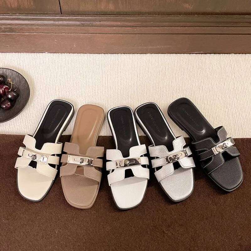 Women's Flat Shoes Barefoot Outside Woman Pu Cross Belt Slippers Women Metal Decoration Sandals 2025 Summer Ladies Fashion Shoe