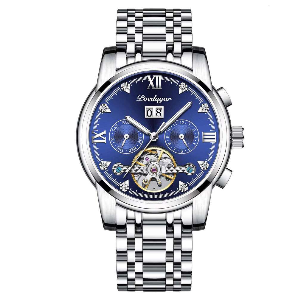 DHwatches POEDAGAR Men's Luxury Automatic Watch - Tourbillon, Day/Date/Month, 50M Waterproof, Luminous, Stainless Steel, Business Mechanical Watc