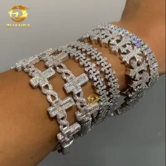 New Ready Stocks 8.5mm Cross Bracelet VVS Moissanite Cuban Link Chain Rappe Hip Hop Necklace Rock Religious Jewelry