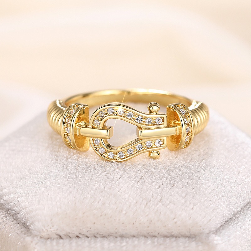 Designer Jewellery High Quality Gold Tone Buckle Shaped Ring with Crystal Accents Party Daily Wear Gift for All Occasions Textured Stylish Accessory