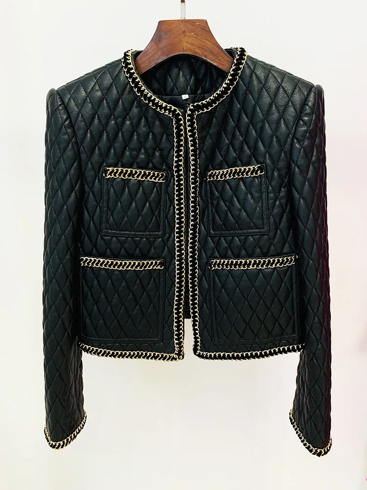 Gold Chain Edge Decoration Grid Faux Leather Jacket Cardigan Coat Blazer Black Mini Skirt Outfit Women Short Jacket 250723