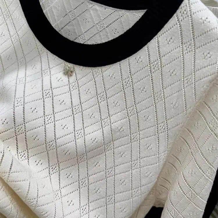 Women's Sweaters Ice Silk Knitted Sweater Round Neck Contrasting Color Hollow Summer Fashion Loose Slim Versatile Short-sleeved Top For TUES