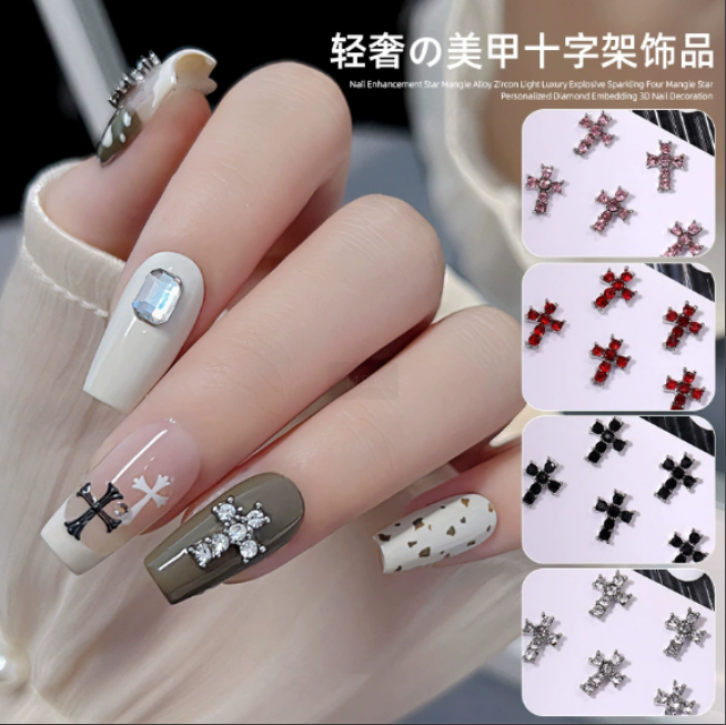 Wholesale of light luxury and retro accessories with trendy nail art, punk style, shiny and studded cross, hot girl alloy jewelry