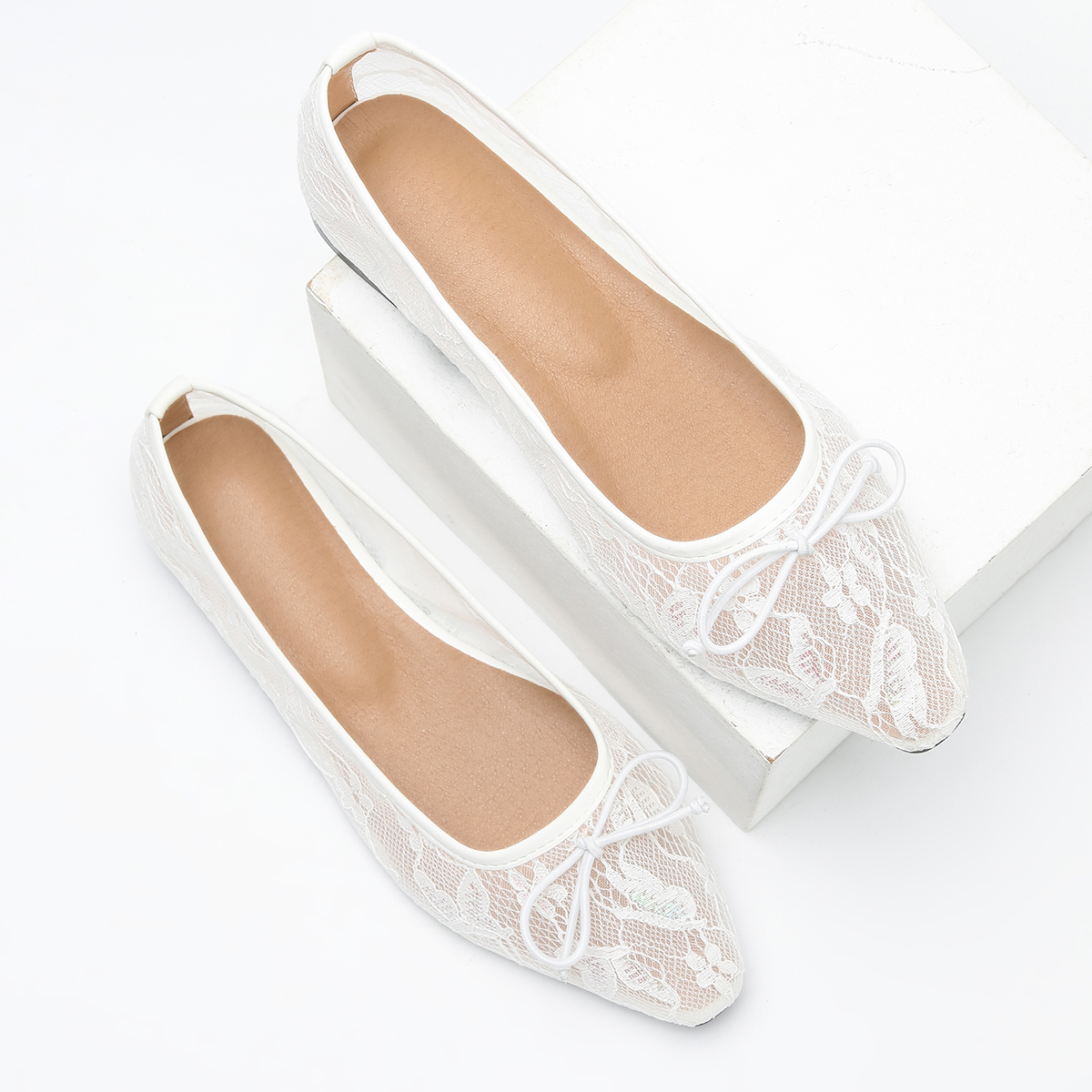 versatile casual flat shoes Spring and autumn new wedding style bow decoration solid color light mouth small square toe mesh breathable