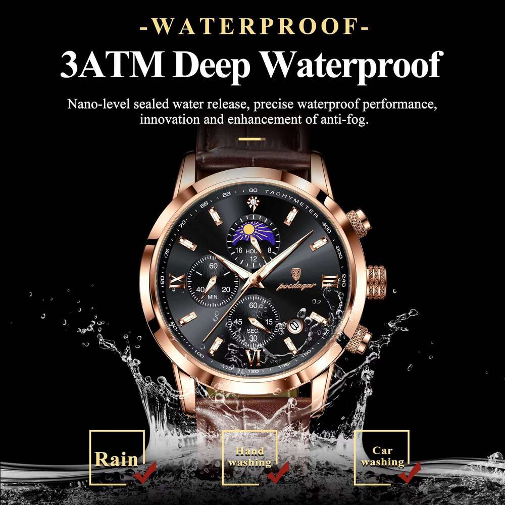 DHgargets POEDAGAR Men's Moon Phase Chronograph Watch - Multifunction, 30M Waterproof, Leather Strap, Quartz Wristwatch with Tachymeter