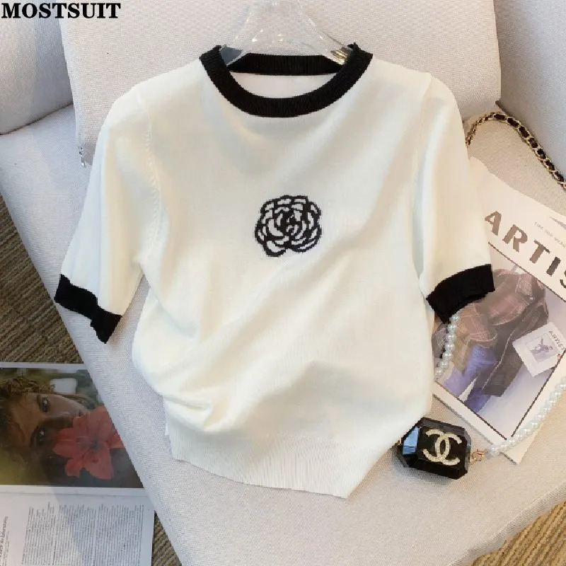 Camelia Jacquard Ice Silk Knitted Sweater Tshirt Women Summer Elegant Vintage Fashion Knitwear Tees Short Sleeve Oneck Top 250718