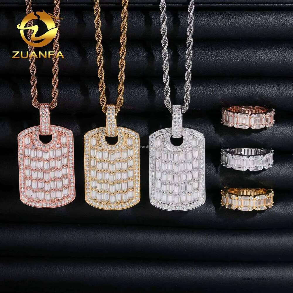 Water Drop Delivery Jewelry Hip Hop Sier Vvs Baguette Moissanite Tag Pendant & Ring Set