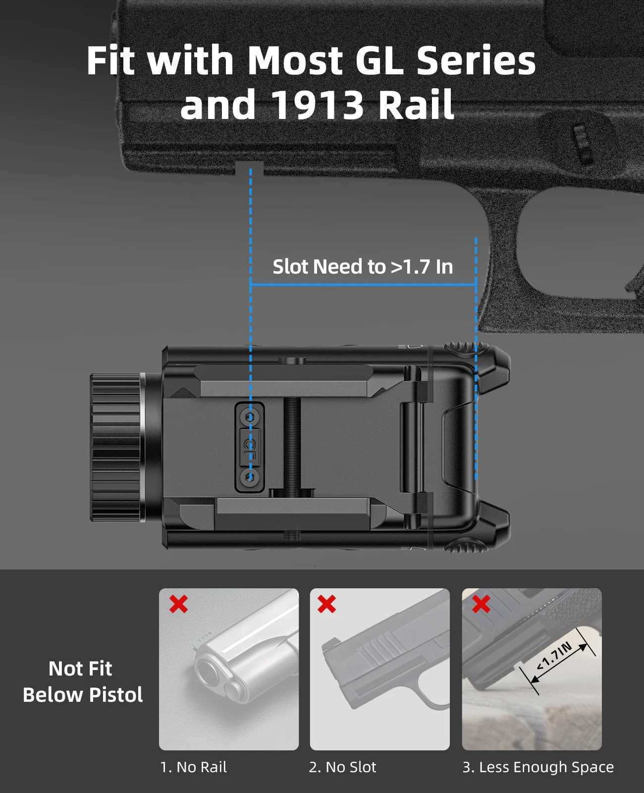 1800 Lumens Tactical Flashlight Compact Pistol LED Light Compatible with Picatinny and GL Rails Strobe Mode W250722