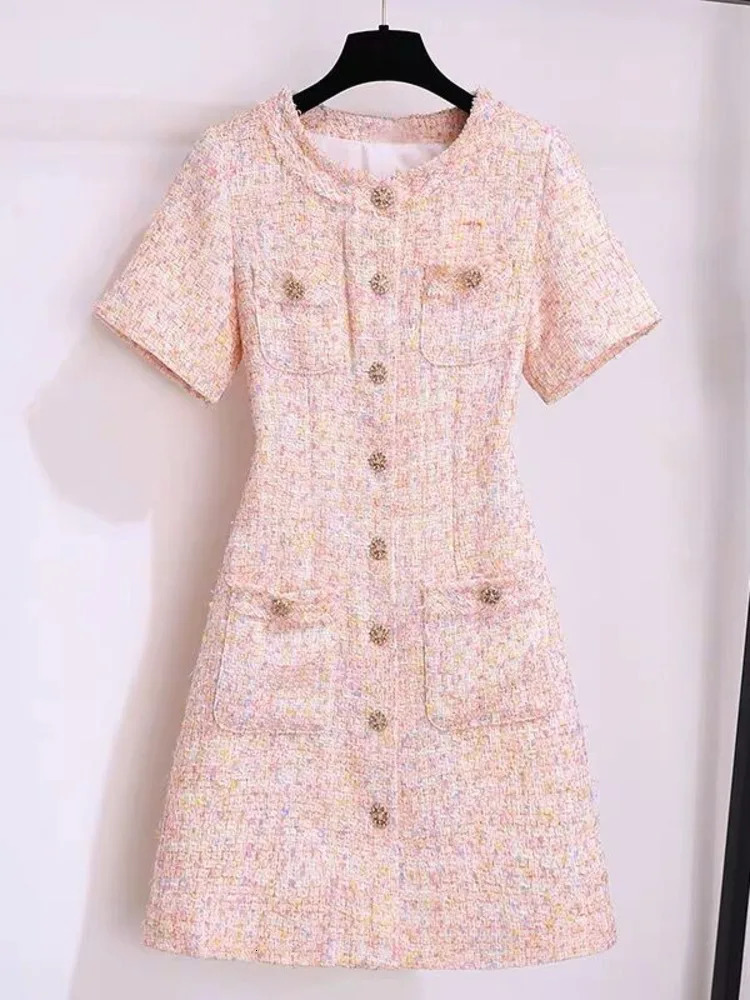 High Quality French Vintage Small Fragrance Tweed Summer Dress Women 2025 Elegant Fashion Chic Slim Waist Short Dresses Vestidos 250723