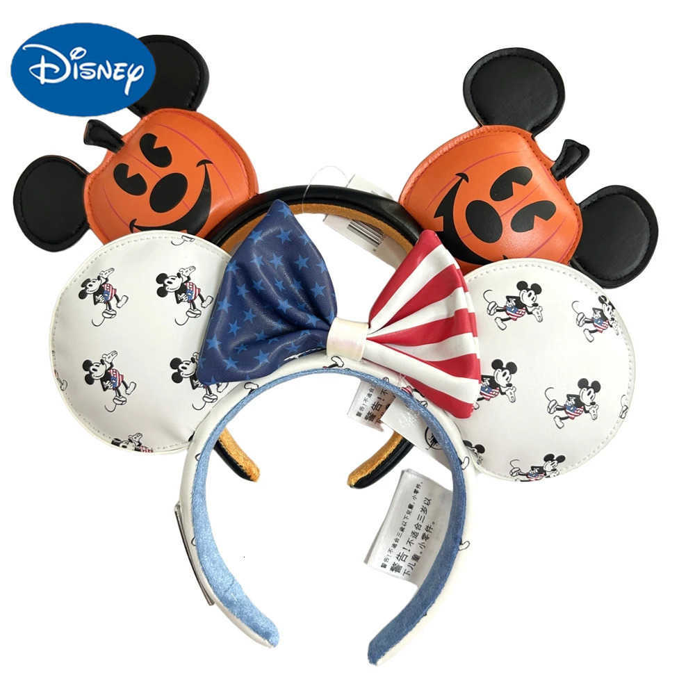 Disney New Disney USA Flag Mickey Minnie Mouse Ear Headband for Adults/Children Disneyland Pumpkin PU Leather Bow Ear Women Christmas Gifts W250723