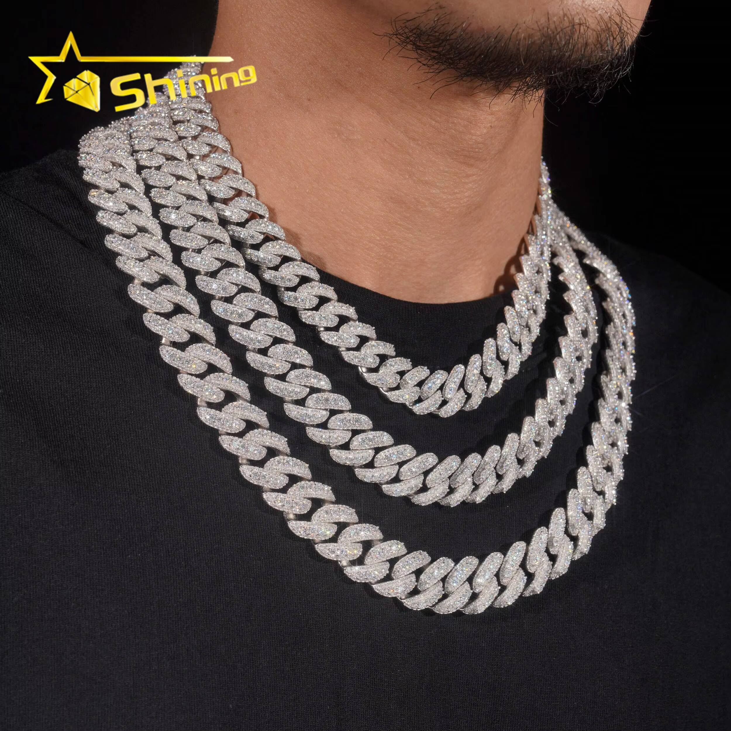 Promotion Price Pass Diamond Tester Hip Hop Necklace 13mm 15mm 16mm 18mm Three Rows 925 Silver VVS Moissanite Cuban Link Chain