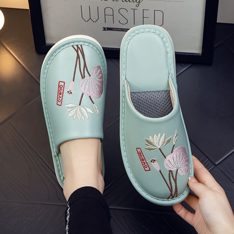 Spring and Autumn New Chinese Style Household Silent Leather Surface Waterproof Closed-Toe Slippers Indoor Home Non-Slip Odor-Resistant Unisex Summer