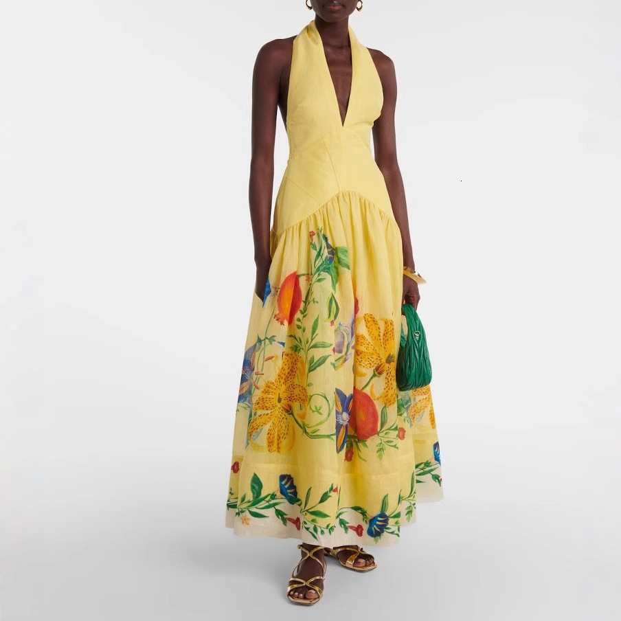 2025 Summer New Printed Halter Neck Backless Flared Deep V-neck Dress for Women