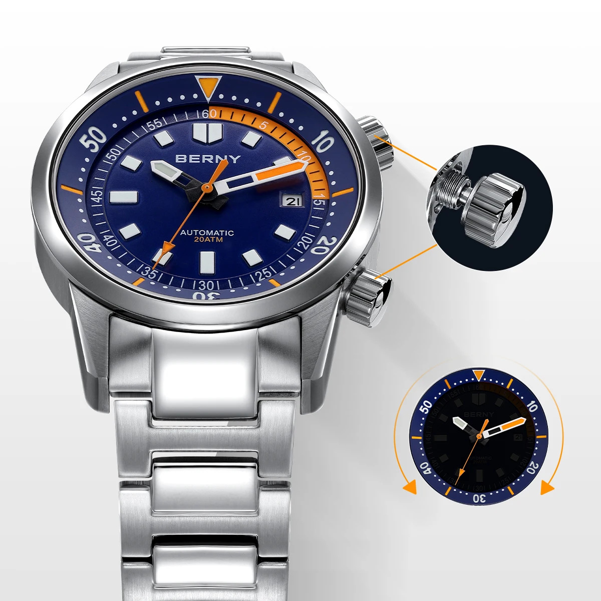 BERNY Diver Watches for Men 20AMT Super Luminous Automatic Mechanical Men's Dive Watch Full Stainless Steel 42mm Sapphire Diving