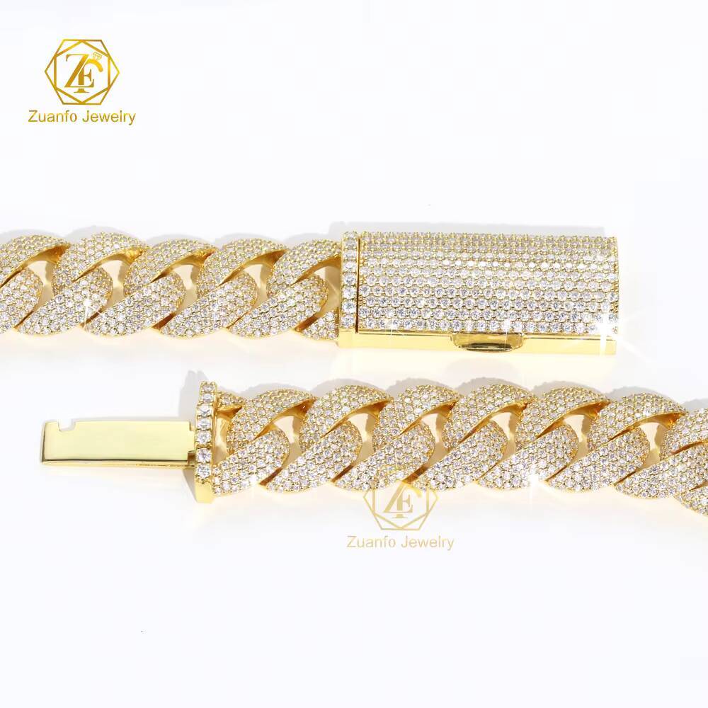 Yellow Gold 6-15mm Moissanite 4 Rows Cuban Link Necklace Miami 925 Silver Hip Hop Jewelry Moissanite Cuban Chain