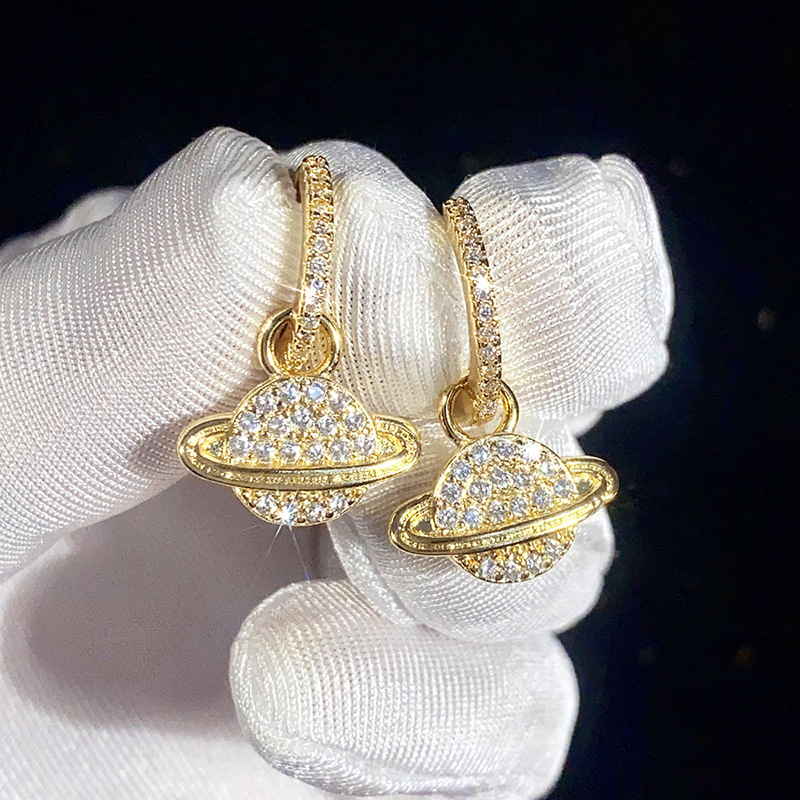 Gold - Tone Planet - Shaped Drop Earrings With Rhinestone Accents, Chic Cosmic - Inspired Jewelry, High - Quality Sparkling Gift For Her