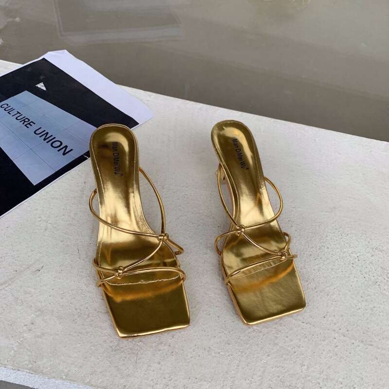 2025 Spring and Autumn New Fashionable Gold Square Open Toe Sandals for Women with Mid Outdoor Thin Heel, High Heel Slippers