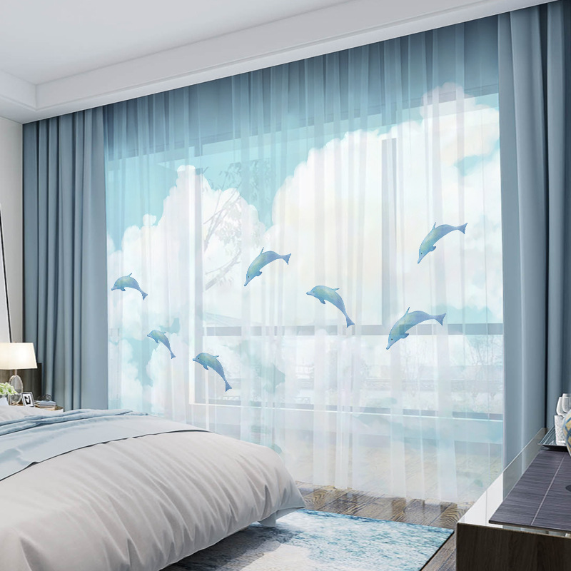 YL-36661 New Whole House Modern American Curtain Dolphin Blue Sky White Cloud Bedroom Blackout Window Screen