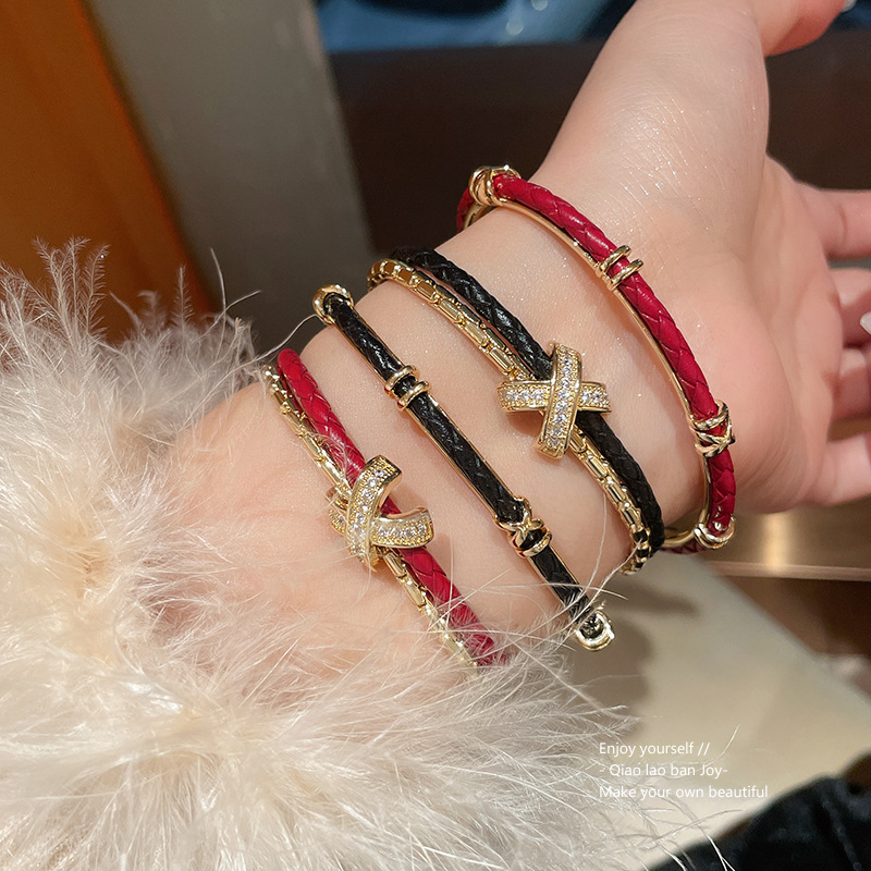 Gold - Tone Rhinestone - Studded Cross Clasp Red Braided Leather Bracelet, Elegant Party Jewelry And Gift For Her High Quality And Stylish Jewelry