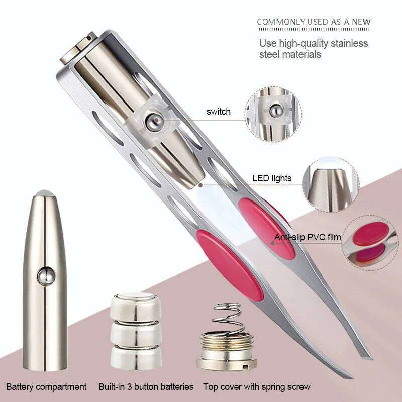 1PC LED Tweezer Oblique Tip Stainless Steel Eyebrow Trimming Clip Eye Hair Removal Prune False Eyelash Clamp Makeup Tool Eyelash Curl
